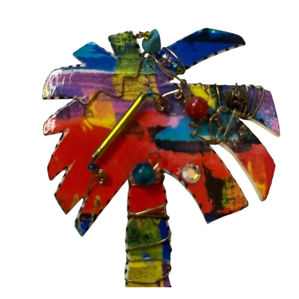 Palm Tree Brooch PIN Wire & Beads On Paper Signed By AR Tickles 1995 Coconuts